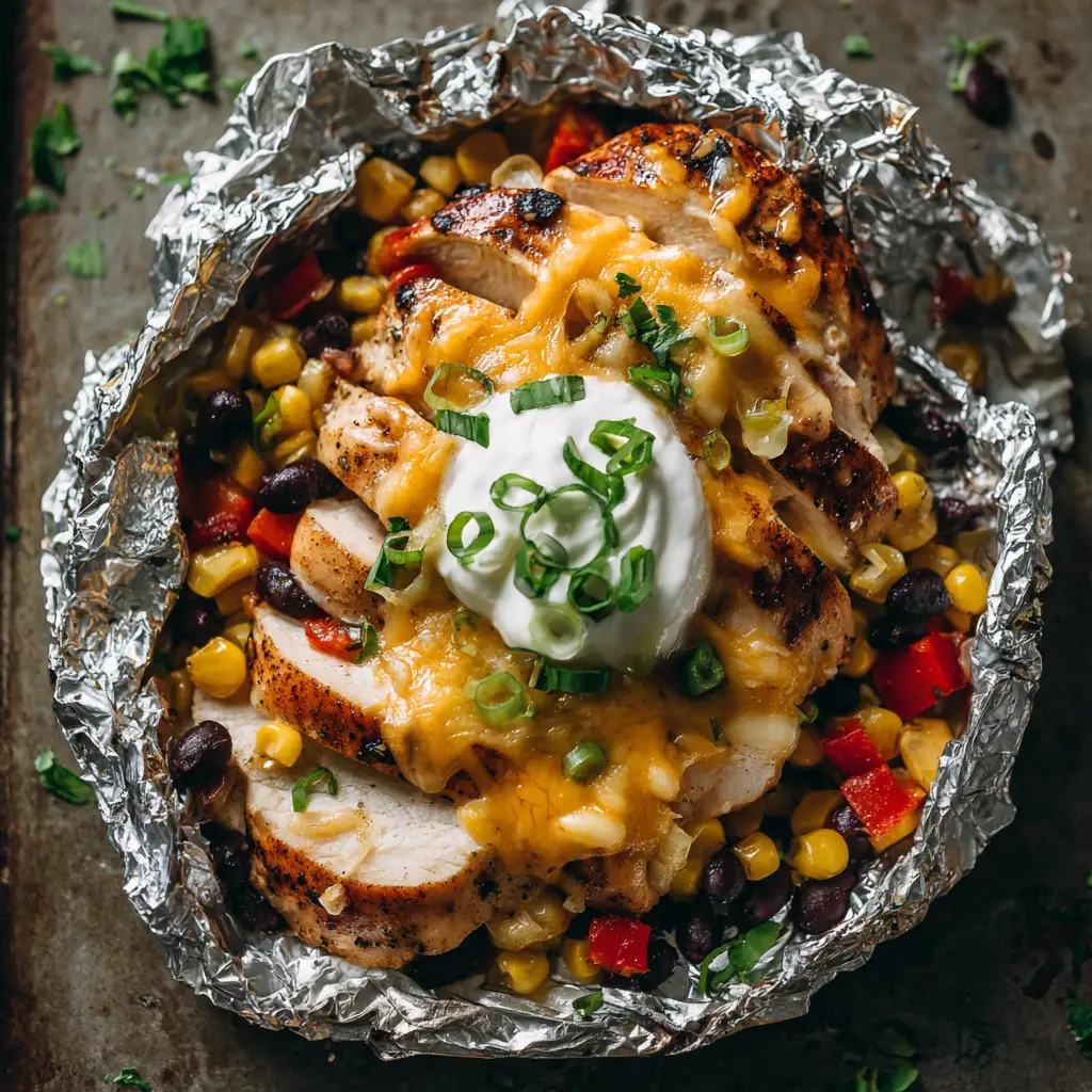 Open aluminum foil packet showing the vibrant red bell peppers and golden corn kernels inside Santa Fe Chicken Foil Packets.
