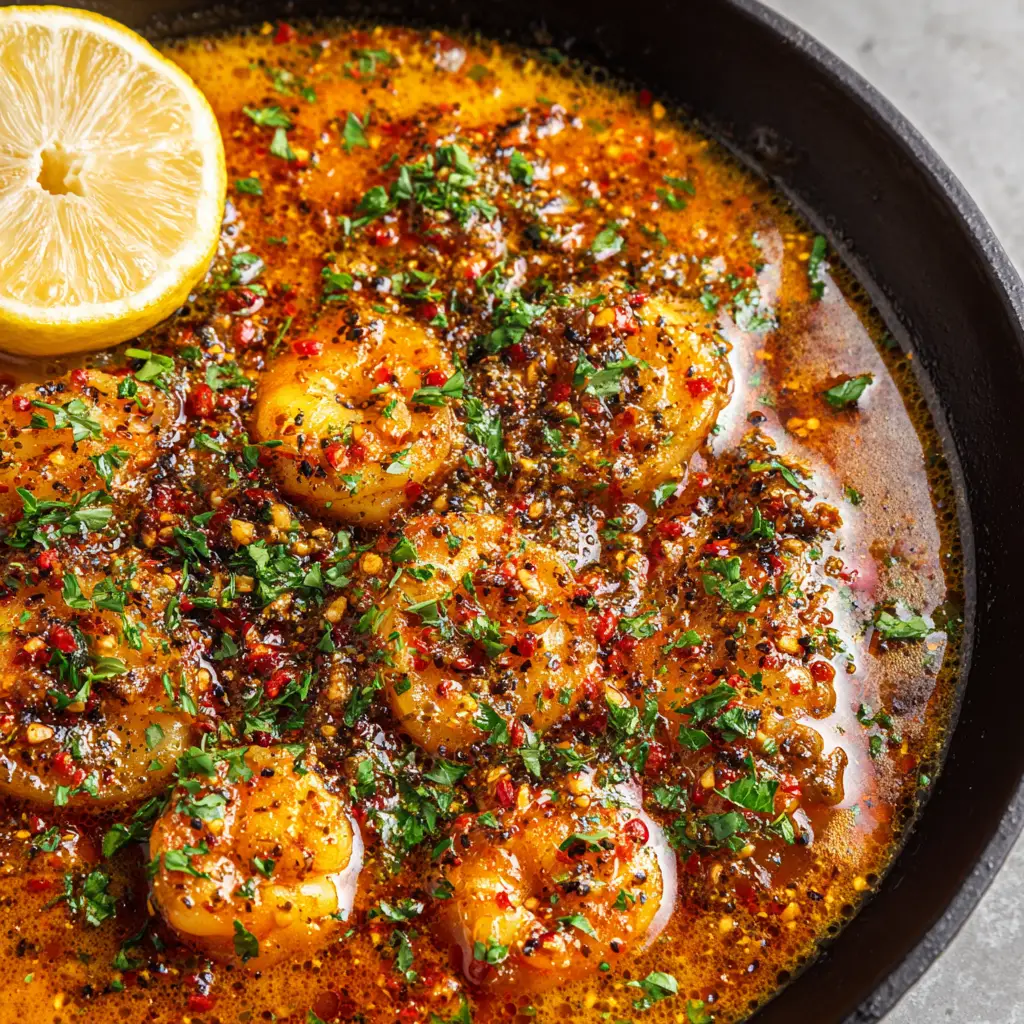 Freshly chopped bright green parsley sprinkled over bubbling deep red cajun butter with a squeezed lemon half on the skillet edge.