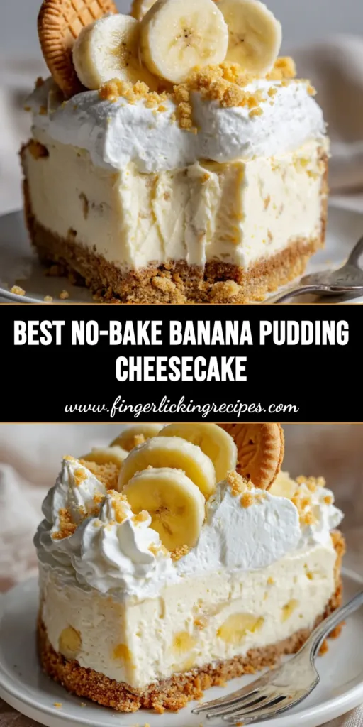 A tall slice of No-Bake Banana Pudding Cheesecake on a white plate with banana slices and whipped cream.