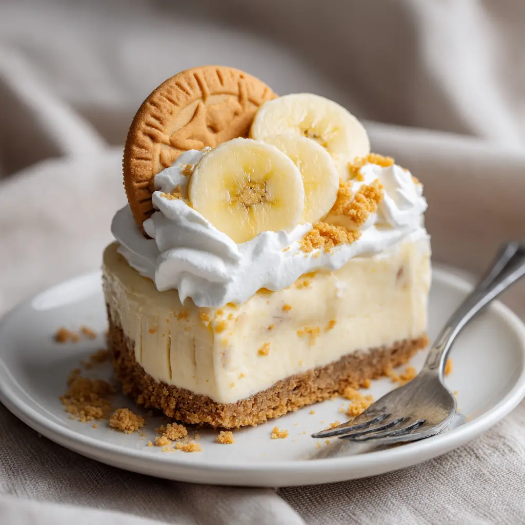 Full view of the No-Bake Banana Pudding Cheesecake on a ceramic plate with a silver fork.