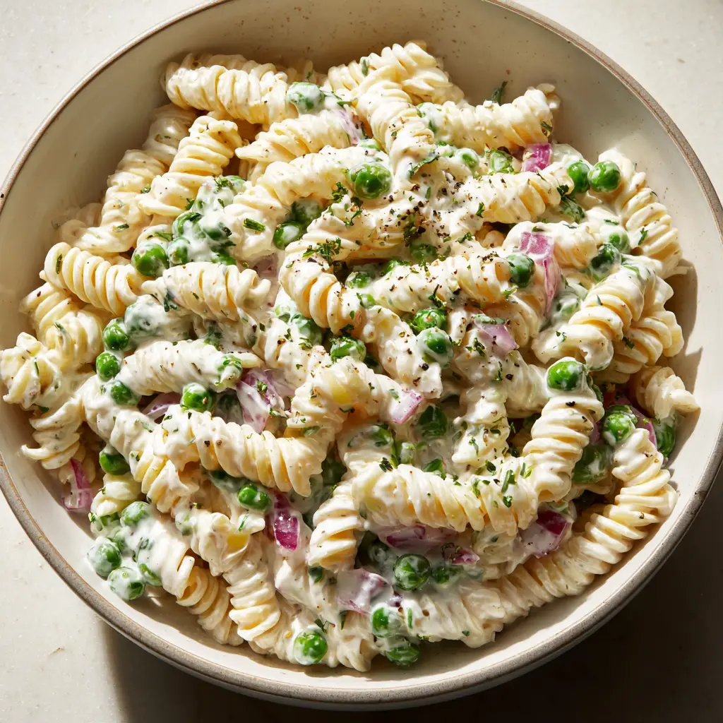 Detailed close-up of rotini pasta spirals covered in an opaque white sour cream dressing with dried herbs and red onions.
