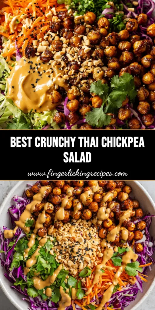 A close-up vertical shot of a vibrant Thai Chickpea Salad in a white bowl with peanut dressing and black sesame seeds.
