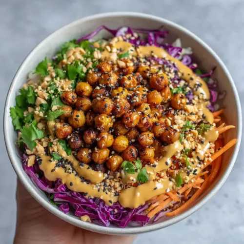 Thai Chickpea Salad with Creamy Peanut Dressing and Roasted Golden Chickpeas