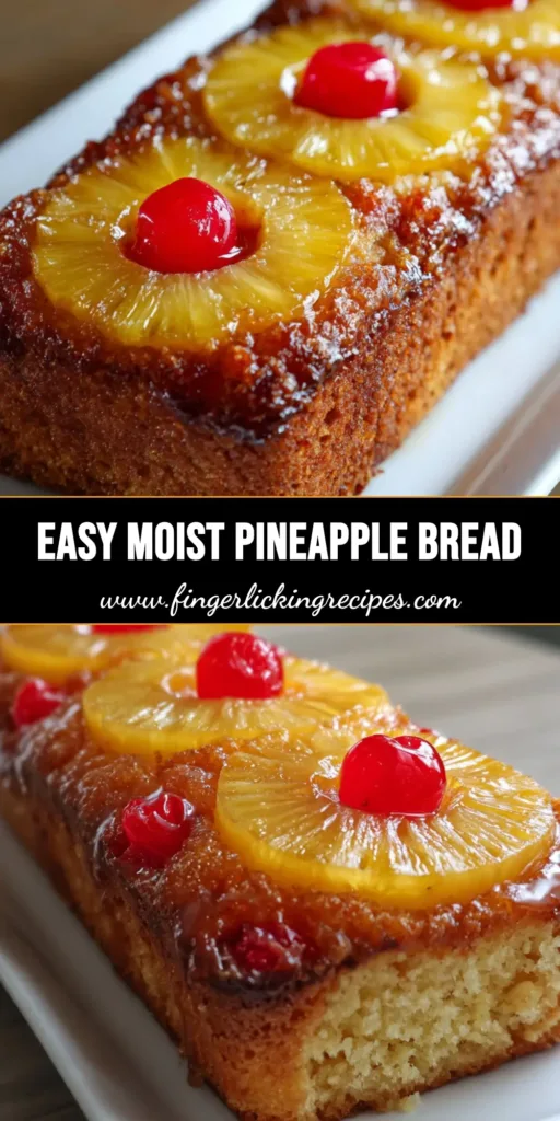 A fresh pineapple bread loaf with caramelized rings and maraschino cherries on a white platter. (Pineapple Bread)