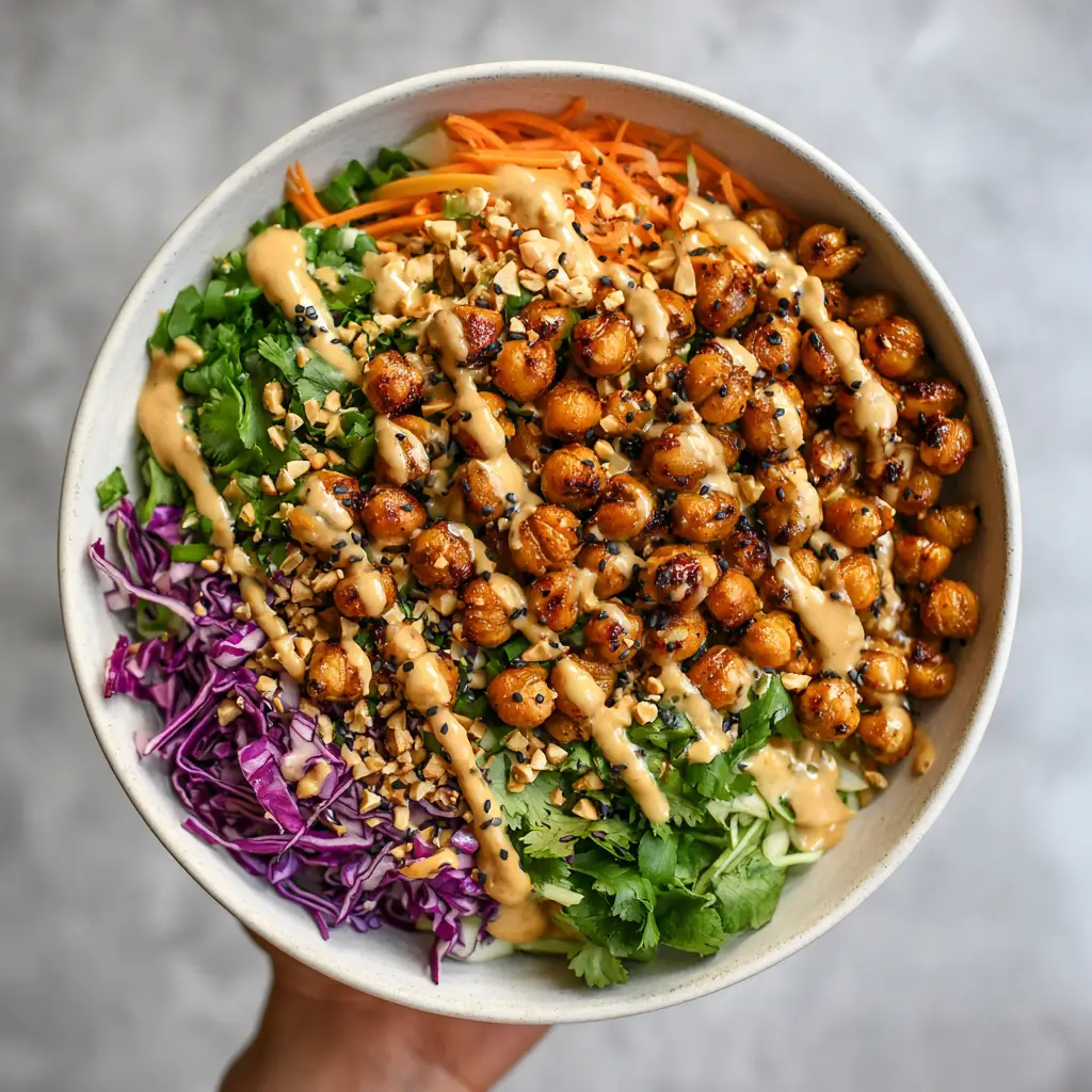 Top-down view of Thai Chickpea Salad showing julienned carrots, edamame, and thick creamy peanut sauce.