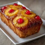 Close up of a golden brown Pineapple Bread showing the dense moist crumb and pineapple bits. (Pineapple Bread)