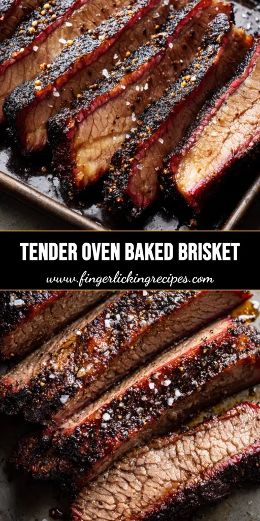 Close-up of thick, succulent slices of Oven Baked Beef Brisket with a heavy black pepper bark on a dark metal tray.
