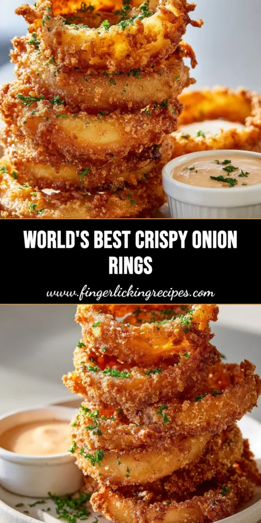 A tall stack of thick-cut, golden-brown Homemade Onion Rings with a craggy seasoned batter and a side of orange dipping sauce.