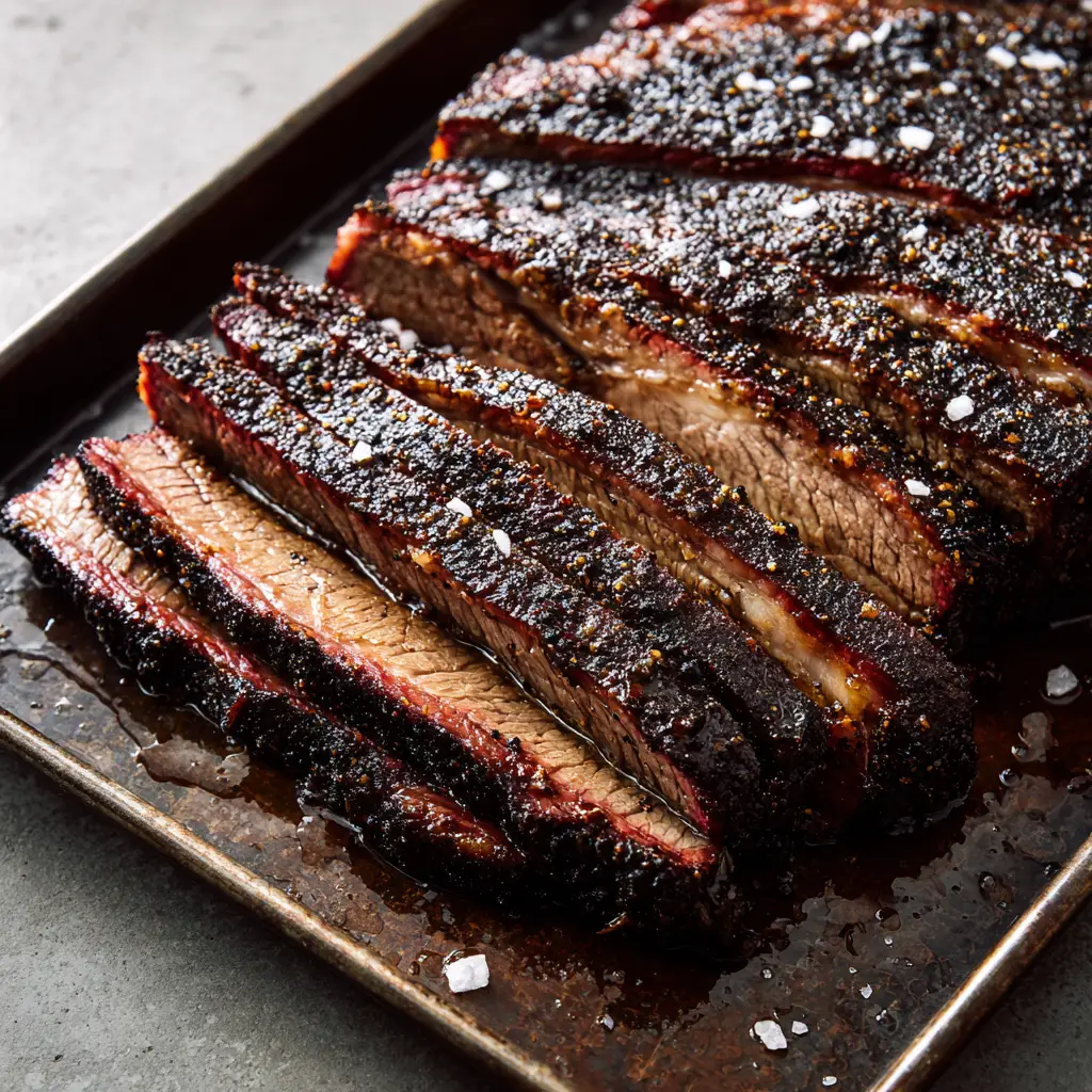 Macro shot of the charred black pepper dry rub bark on an Oven Baked Beef Brisket.