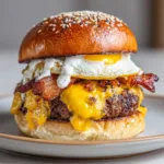 Close up photo of Bacon Ranch Crack Burgers with melted cheddar and a runny yolk dripping down.