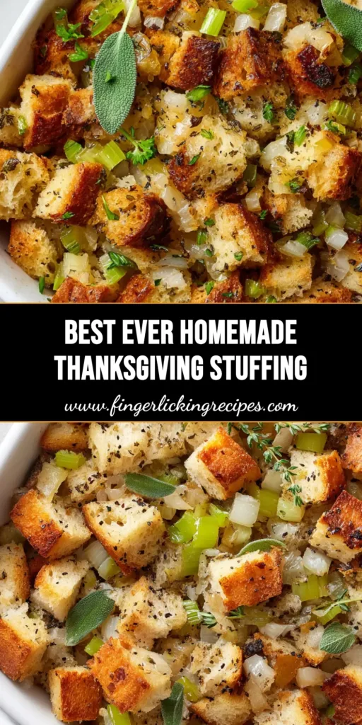 A classic white ceramic baking dish filled with Homemade Thanksgiving Stuffing featuring golden brown crispy bread cubes and fresh sage leaves.