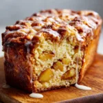 Close up of the craggy, baked deep golden-brown crust of an apple fritter loaf with opaque white glaze dripping.