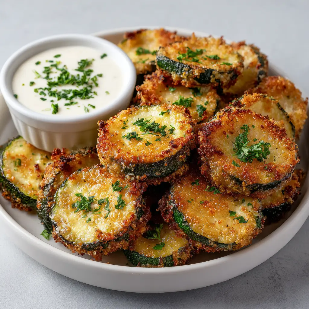 A neatly stacked pile of golden breaded zucchini rounds in a ceramic bowl with a side of white garlic dipping sauce.