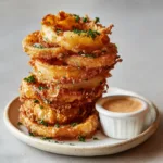 Close up of deep-fried Homemade Onion Rings showing the crispy textured batter and fresh parsley garnish.