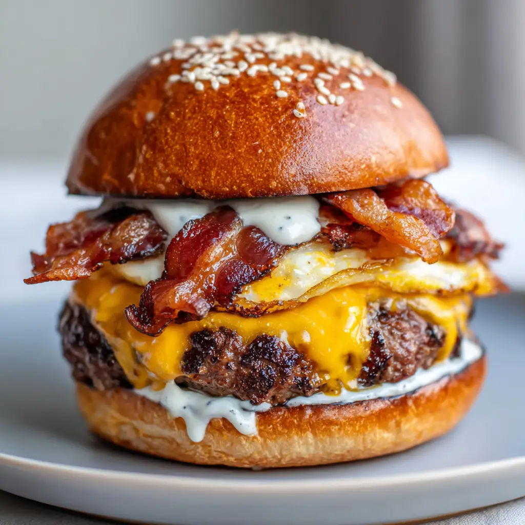 A handheld gourmet Bacon Ranch Crack Burgers showing the crisscrossed bacon and ranch drizzle.