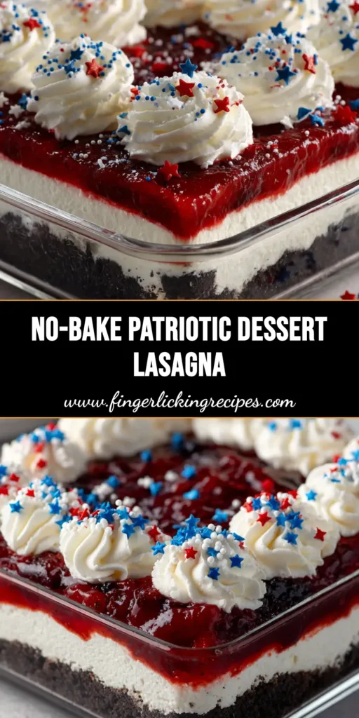 A towering slice of 4th of July Dessert Lasagna showing perfectly defined layers of chocolate, cream cheese, strawberry, and blueberry.