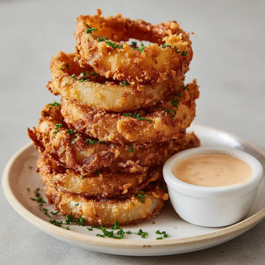 Tall vertical stack of golden onion rings on a white plate with a ramekin of pale orange sauce.