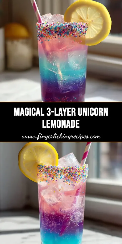 A vibrant tri-layered Unicorn Lemonade Recipe in a tall glass with purple, pink, and blue layers, garnished with sprinkles and a lemon wheel.