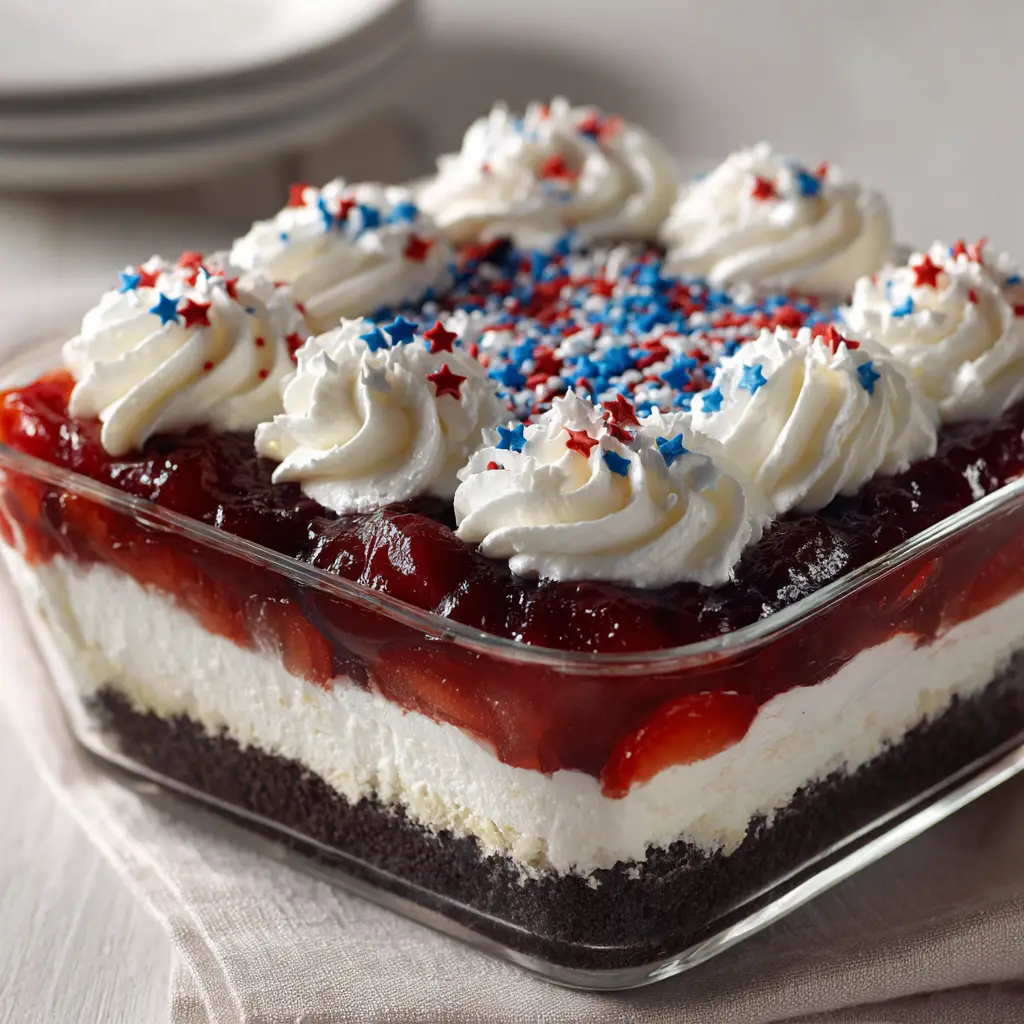 Top view of 4th of July Dessert Lasagna with piped whipped cream swirls and star sprinkles.