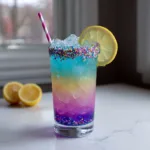 Tall glass filled with layered purple, magenta, and turquoise lemonade featuring clear square ice cubes. (Unicorn Lemonade Recipe)