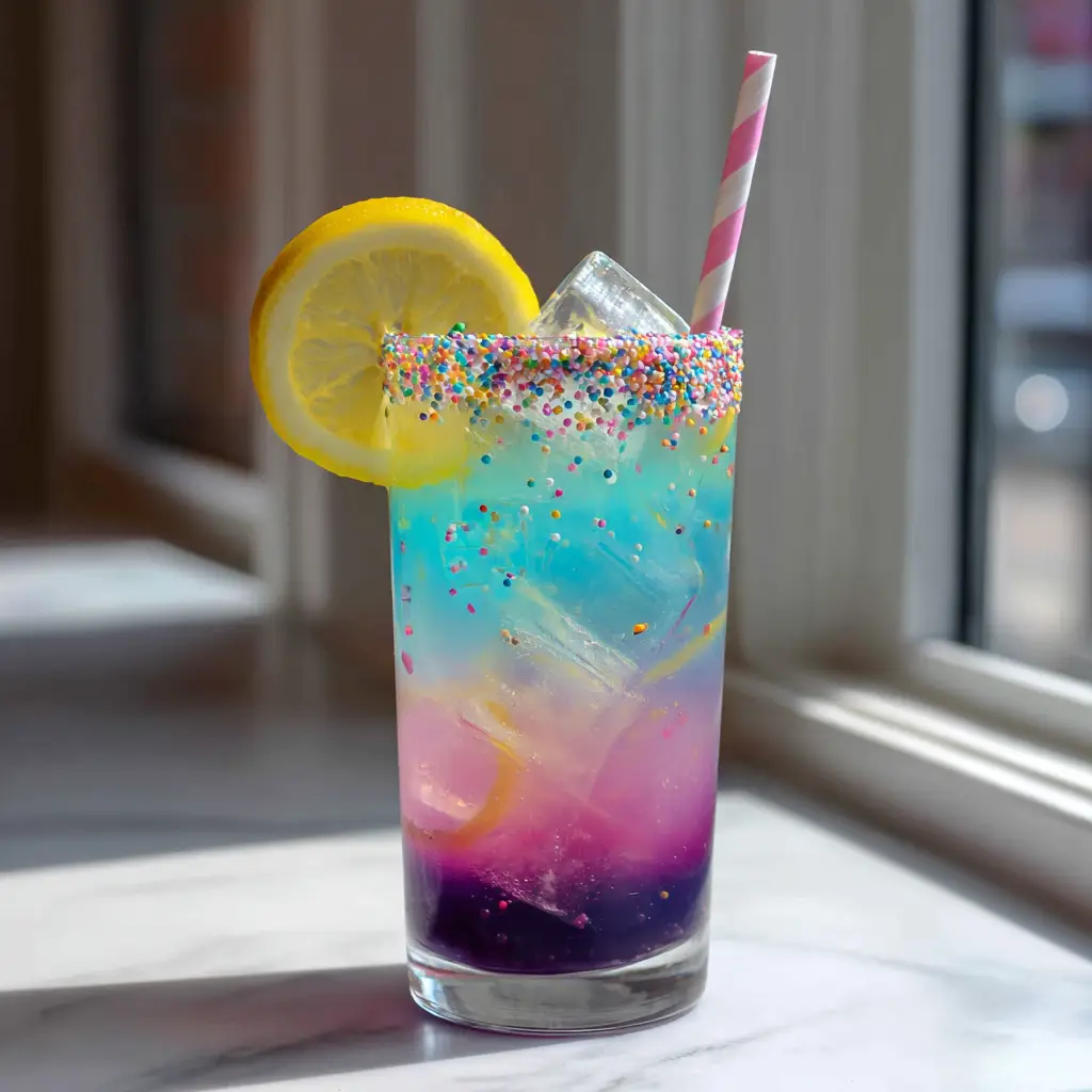 Close up of the sprinkle rim and lemon wheel garnish on a Unicorn Lemonade Recipe.