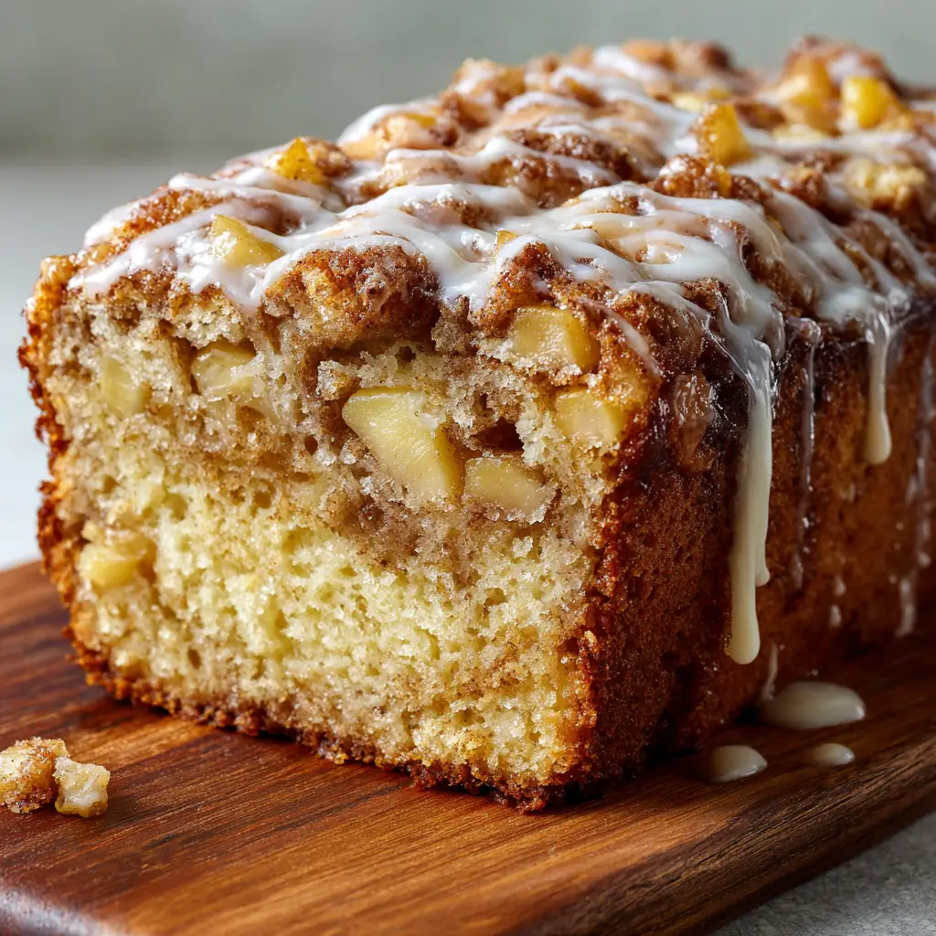 Irresistible Amish Apple Fritter Bread with Cinnamon Swirls 2 Slices of apple fritter bread embedded with soft cooked diced apples resting on a wooden cutting board.
