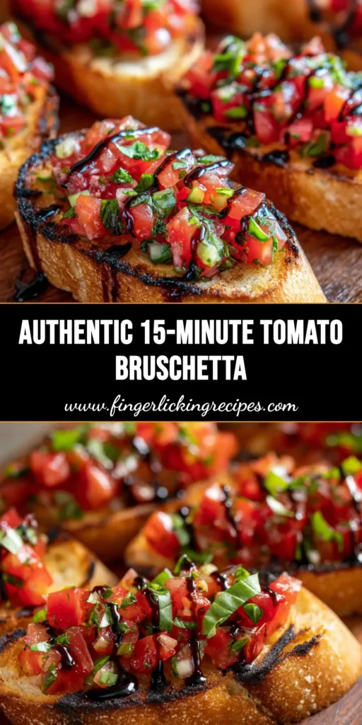 Close-up of Italian Bruschetta Recipe on a wooden board with balsamic glaze drizzle and fresh basil.