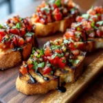 Several slices of toasted baguette topped with diced tomatoes and garlic. (Italian Bruschetta Recipe)