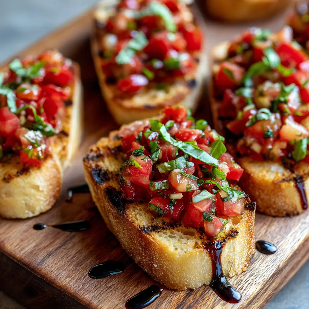Rustic wooden serving board featuring Italian Bruschetta Recipe with visible grill marks and glossy glaze.