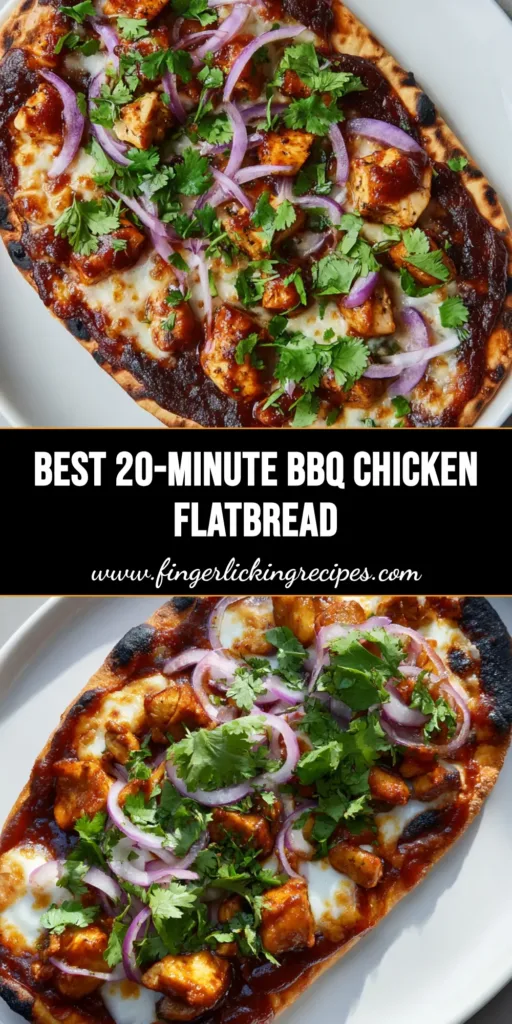 A single oval BBQ chicken flatbread on a white plate with bubbly mozzarella and purple onions. (BBQ Chicken Flatbread Recipe)