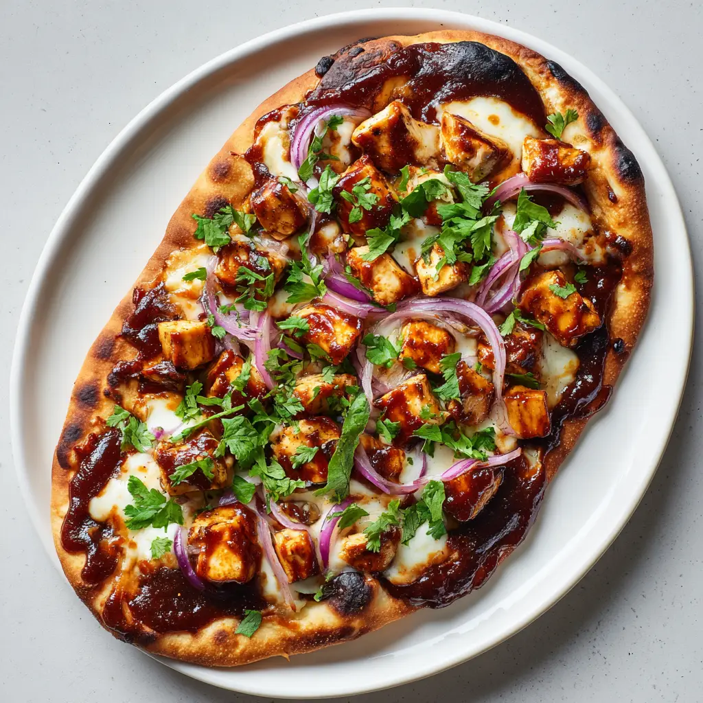 Full high-angle shot of a BBQ Chicken Flatbread Recipe with fresh cilantro and red onion rings.