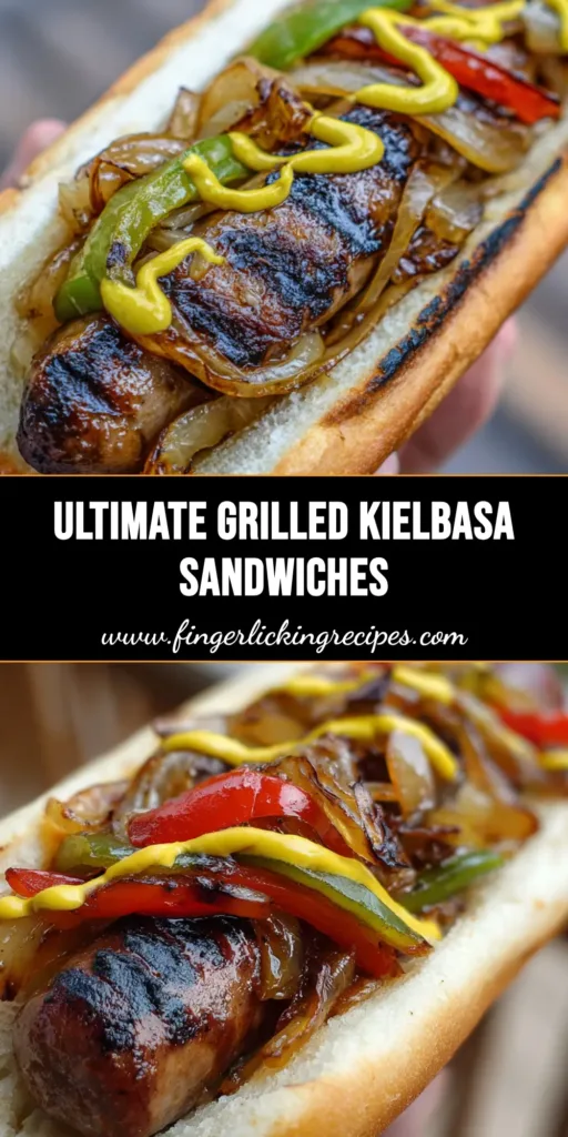 A close-up vertical shot of a Grilled Kielbasa Sandwich with blistered peppers, caramelized onions, and a mustard drizzle, held in front of a wooden background.
