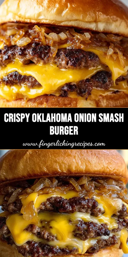 A close-up vertical shot of an Oklahoma Onion Smash Burger with charred lacy beef, paper-thin onions, and oozing cheese on a brioche bun.