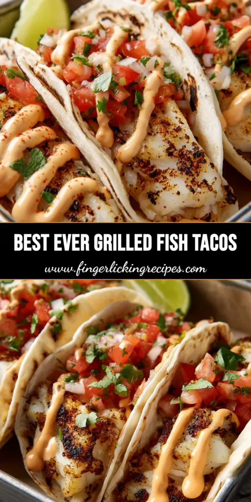 Three Grilled Fish Tacos with char marks, spicy mayo, and pico de gallo in a metal holder.