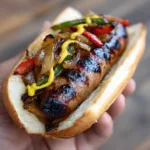 A close-up handheld photo of a Grilled Kielbasa Sandwich on a white hoagie roll showing dark char lines and glossy onions.