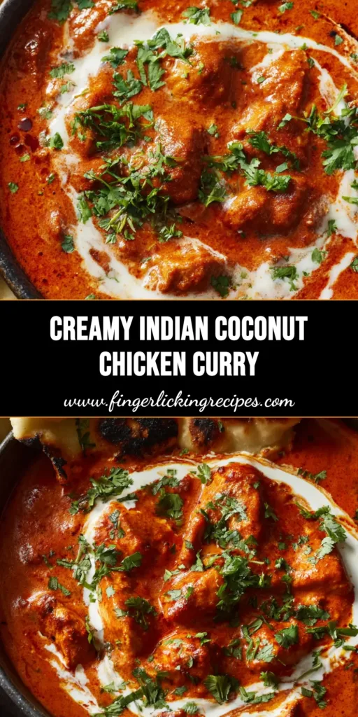 A close-up shot of a rich, creamy orange-red Indian chicken curry served in a dark round ceramic bowl featuring a thick white swirl of coconut cream, freshly chopped green cilantro leaves, and a piece of blistered naan bread.