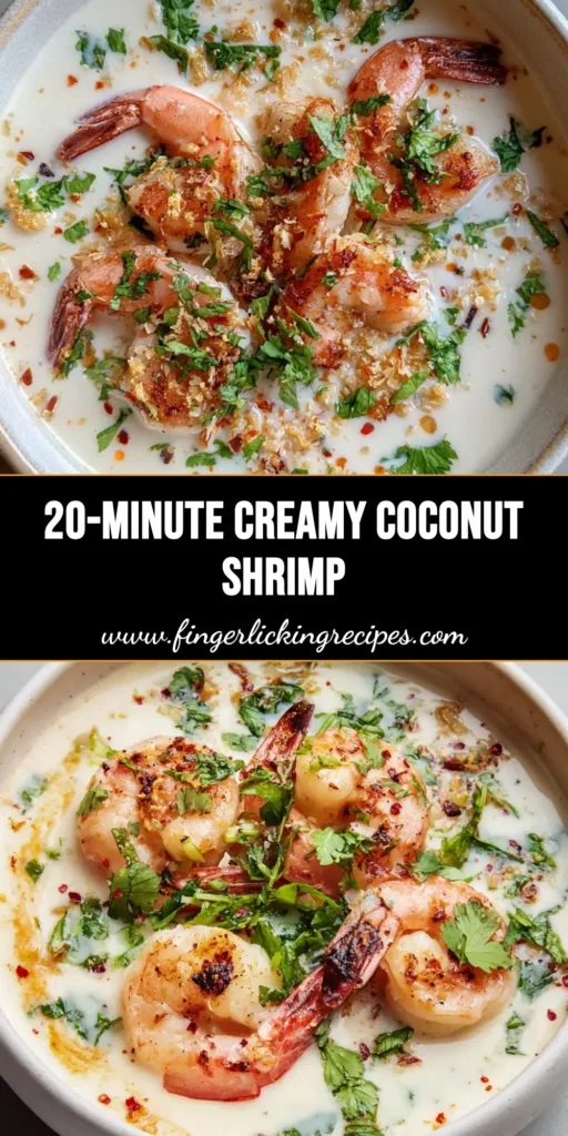 A shallow white ceramic bowl containing seared tail-on pink shrimp in a thick, opaque white coconut milk sauce with orange oil swirls and cilantro. (Creamy Coconut Garlic Shrimp)