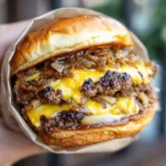 Handheld photo of a double Oklahoma Onion Smash Burger showing translucent caramelized onions and melted yellow cheese.