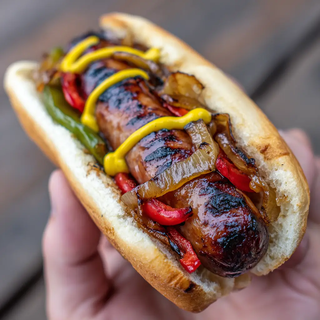 Detailed view of blistered red and green peppers and translucent onions on a Grilled Kielbasa Sandwich.