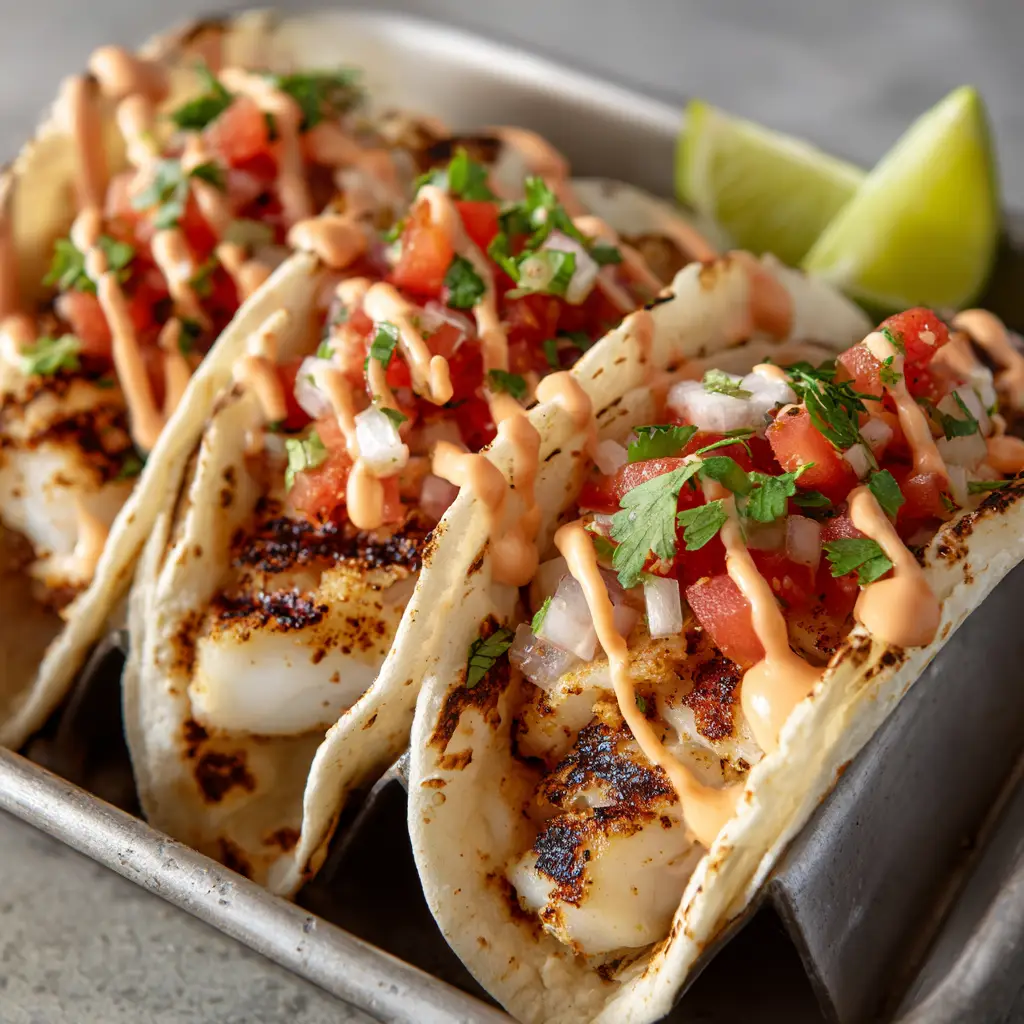 Top-down view of Grilled Fish Tacos with a heavy zigzag of pale-orange spicy mayo.