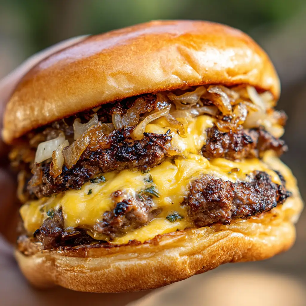 Close-up of the charred lacy edges of a smash burger patty with oozing American cheese.