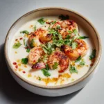 Creamy Coconut Garlic Shrimp with Seared Tail-On Prawns Close-up handheld photo of seared pink shrimp in a thick white coconut garlic sauce with orange oil swirls. (Creamy Coconut Garlic Shrimp)