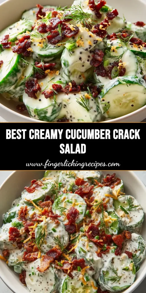 A overhead view of a Cucumber Ranch Crack Salad with thick slices of cucumber, orange cheddar cheese, and crispy bacon clusters.