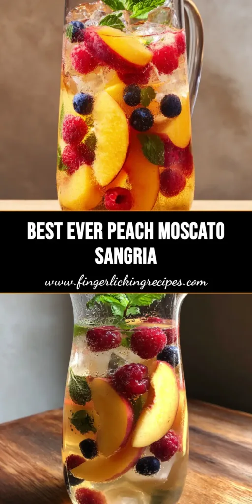 A tall glass pitcher of Peach Moscato Sangria with crescent peaches, raspberries, and blueberries on a wooden table.