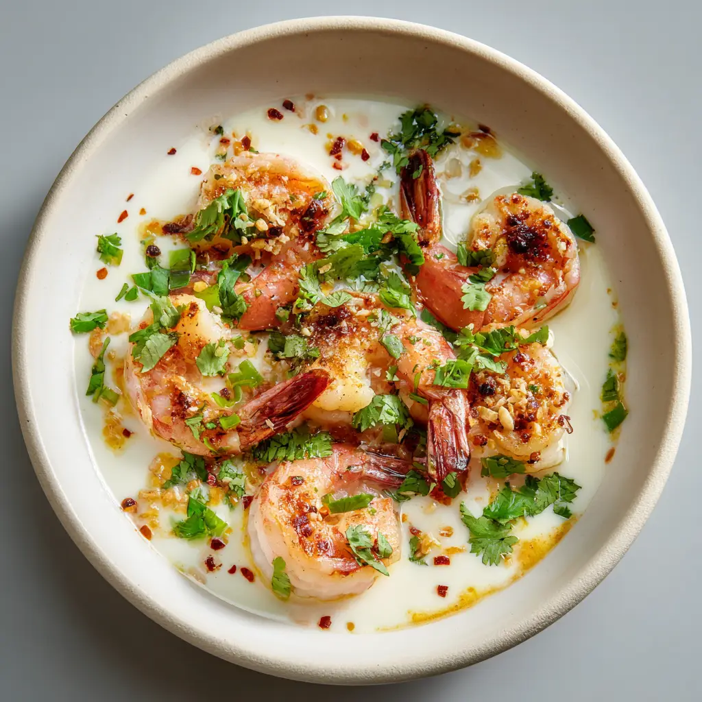 Top-down view of Creamy Coconut Garlic Shrimp in a white bowl showing the heavy dusting of cilantro and red chili flakes.