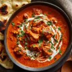 Tender chunks of chicken breast simmering in a vibrant, creamy orange-red spiced tomato coconut sauce.