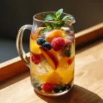 Close up of pale golden Peach Moscato Sangria liquid with layered fresh fruit and square ice cubes.