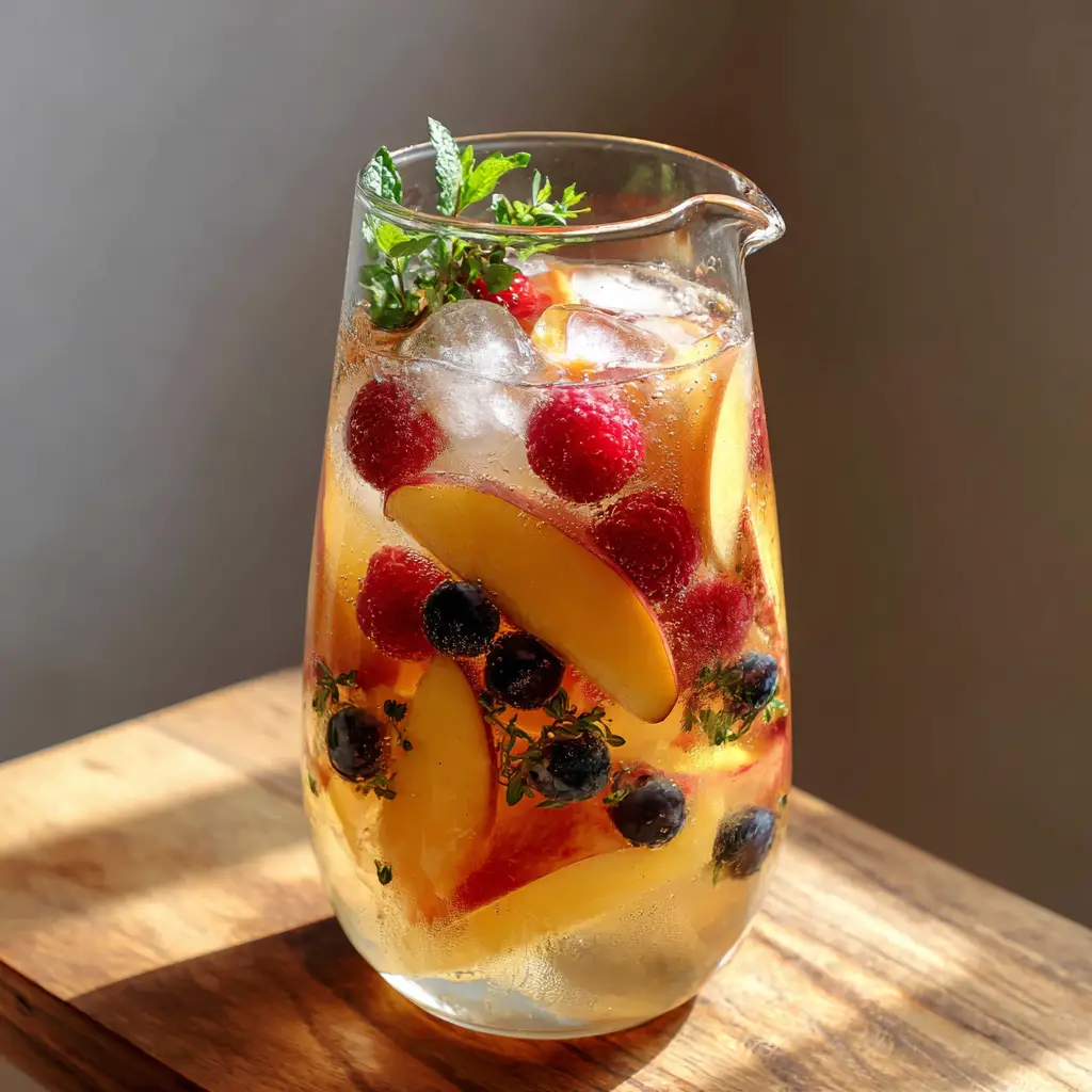 Handheld smartphone photo of a pitcher of Peach Moscato Sangria with visible condensation and mint garnish.