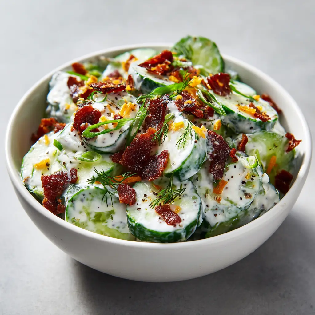 Cucumber Ranch Crack Salad topped with bright orange cheddar cheese and dark reddish-brown bacon bits.