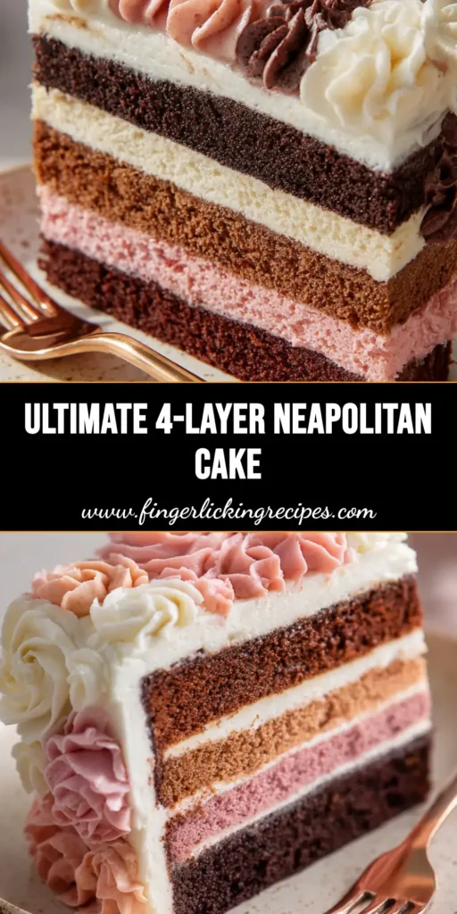 A vertical slice of Neapolitan layer cake with four distinct sponge layers and ornate piped rosettes. (Neapolitan Cake Recipe)